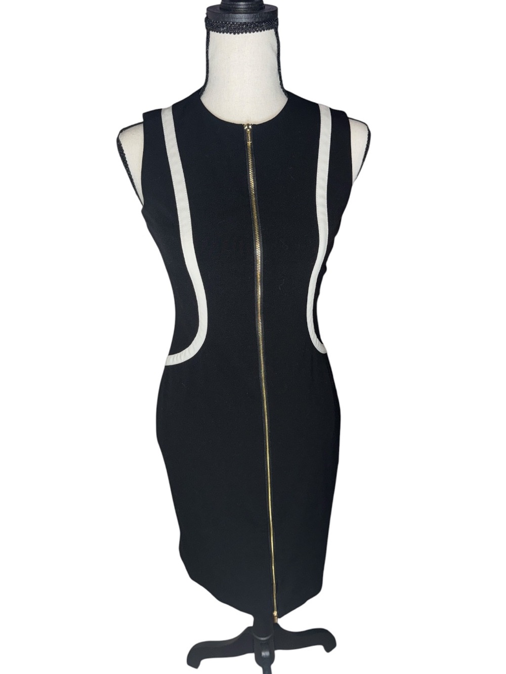 Calvin Klein Black White Zip Front Sheath Dress Gold Zipper 6/8 size - Picture 2 of 7